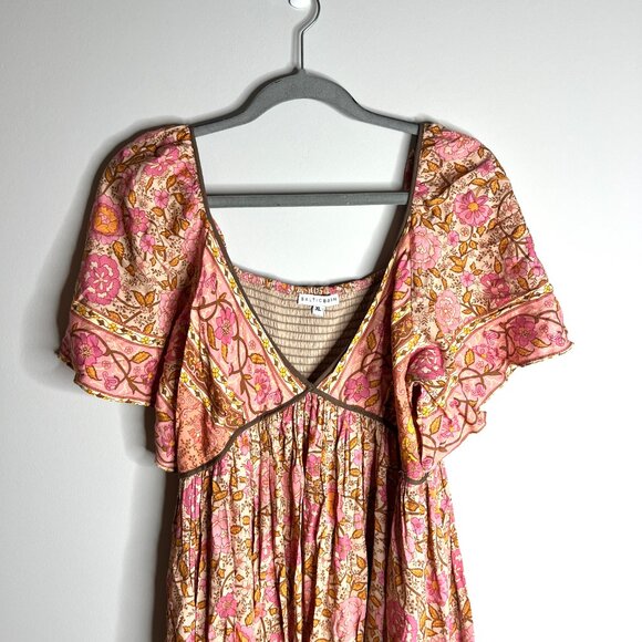 Baltic Born Evanthia Floral Pink Brown Boho Deep V Maxi Dress Flowy Bohemian XL - Picture 4 of 6